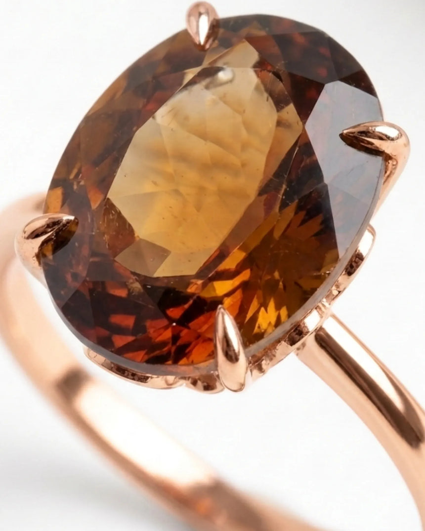 Side profile of oval Imperial Topaz ring with petal-inspired gallery in polished 18K rose gold | SARATTI