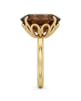 Side profile of oval Imperial Topaz ring with petal-inspired gallery in polished 18K yellow gold | SARATTI