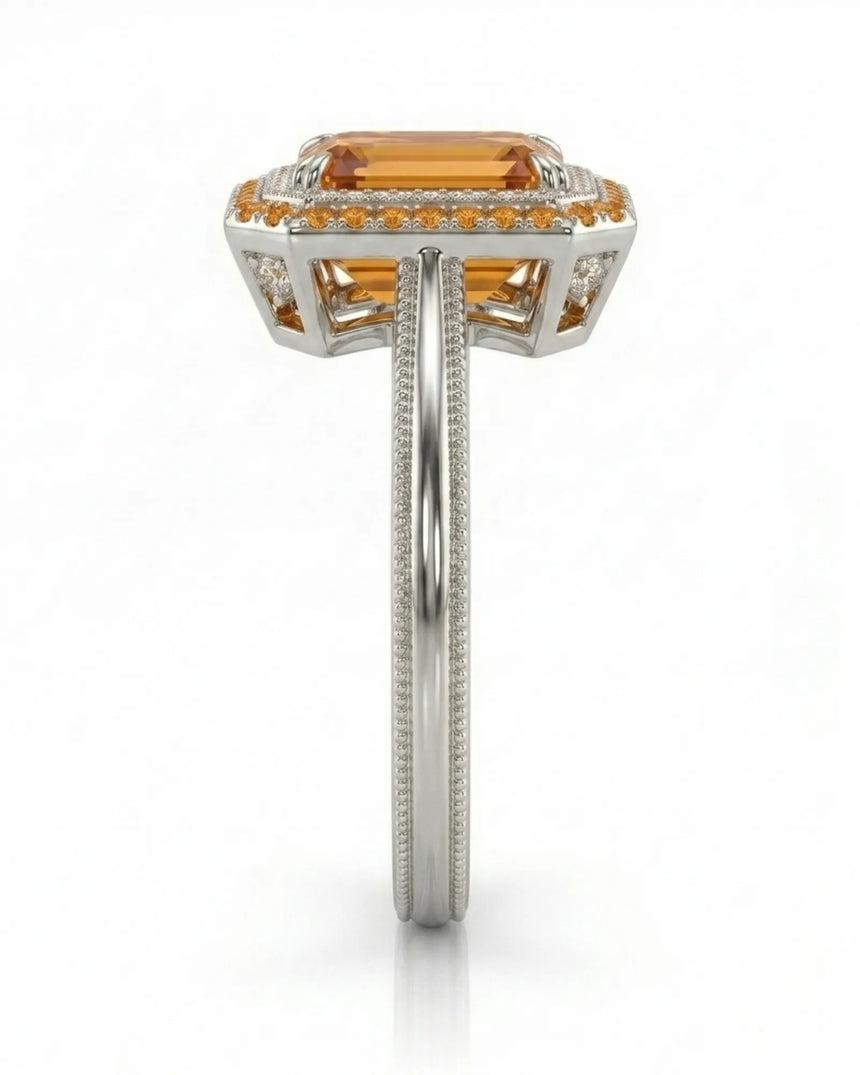 Side view emerald cut Imperial Topaz halo setting in platinum | SARATTI