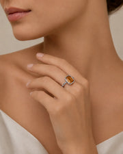 Side view emerald cut Imperial Topaz halo setting platinum | SARATTI