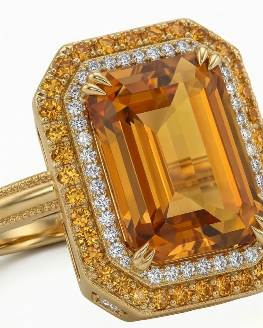 Side view emerald cut Imperial Topaz halo setting yellow gold -- SARATTI