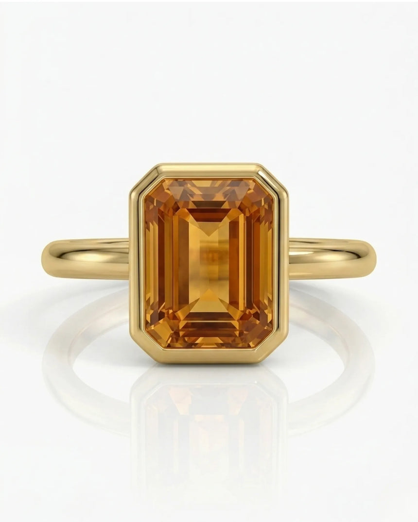 Side view emerald cut Imperial Topaz halo setting yellow gold - SARATTI