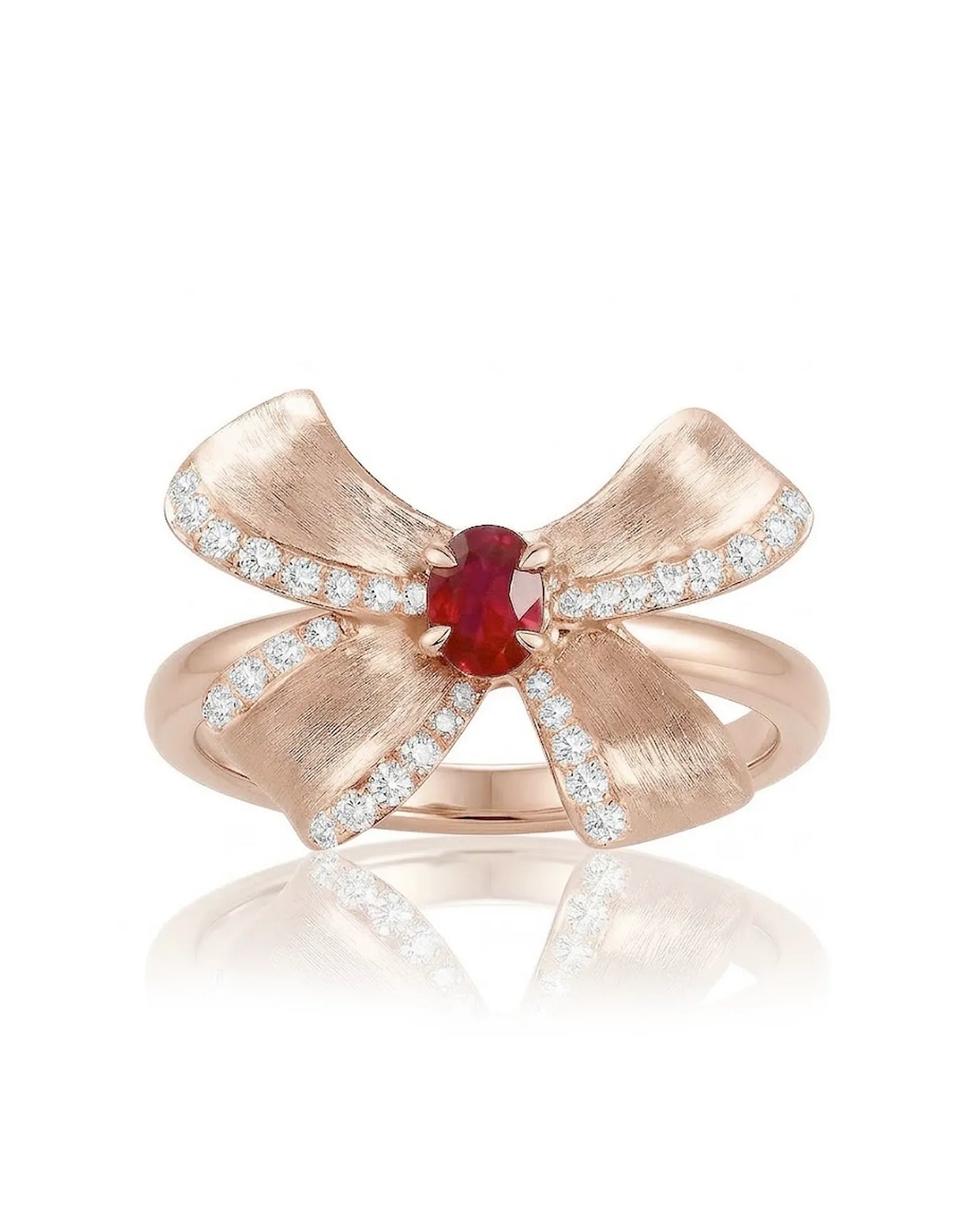 Side view natural pigeon blood ruby ring in 18K rose gold diamond ribbon design | SARATTI