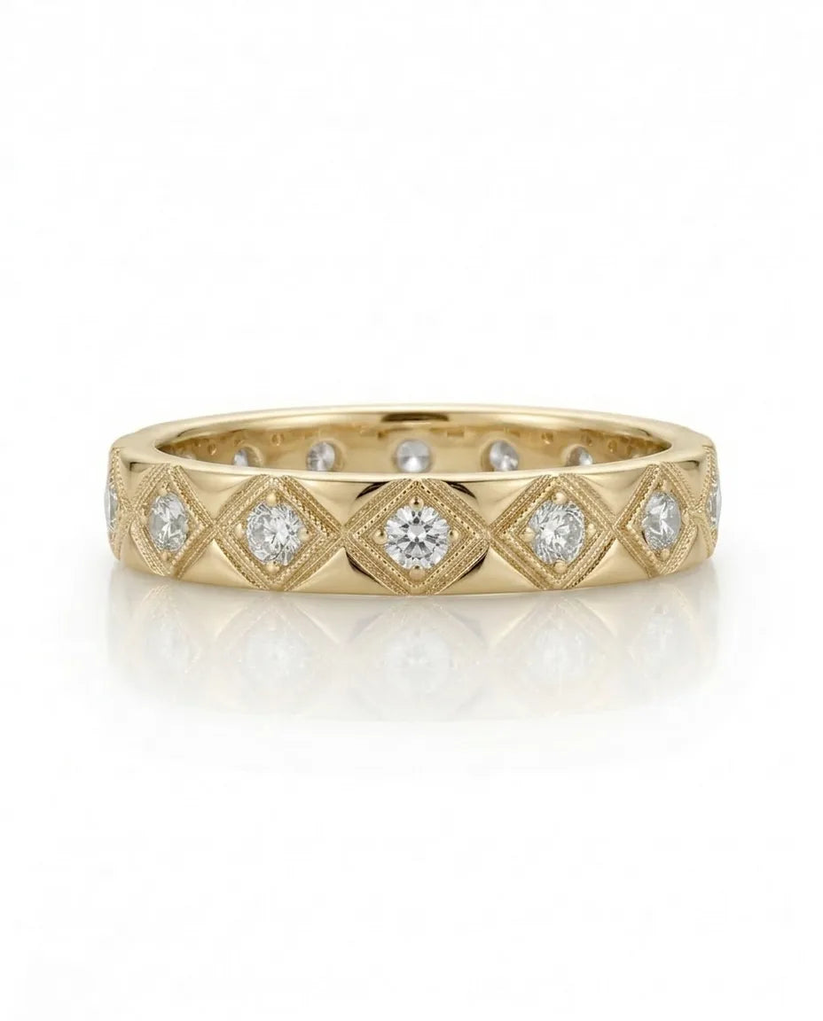 Hot Cross diamond-encrusted wedding band in yellow gold, side profile | SARATTI