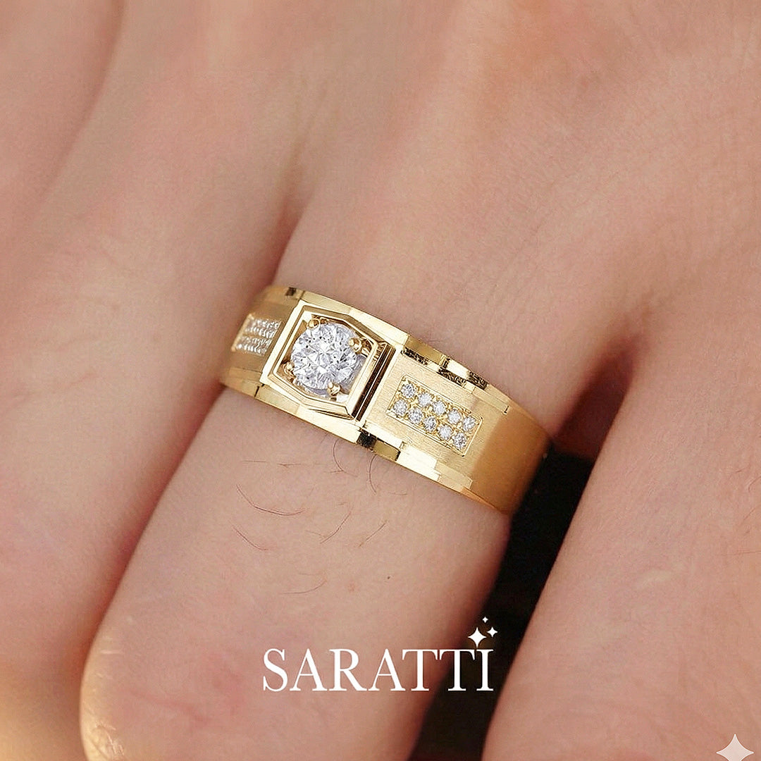 Six paths echelon men’s ring in 18k yellow gold satin finish diamond band | SARATTI