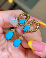 Sleeping Beauty blue pine drop earrings in 18K yellow gold for distinctive occasion jewellery styling | SARATTI