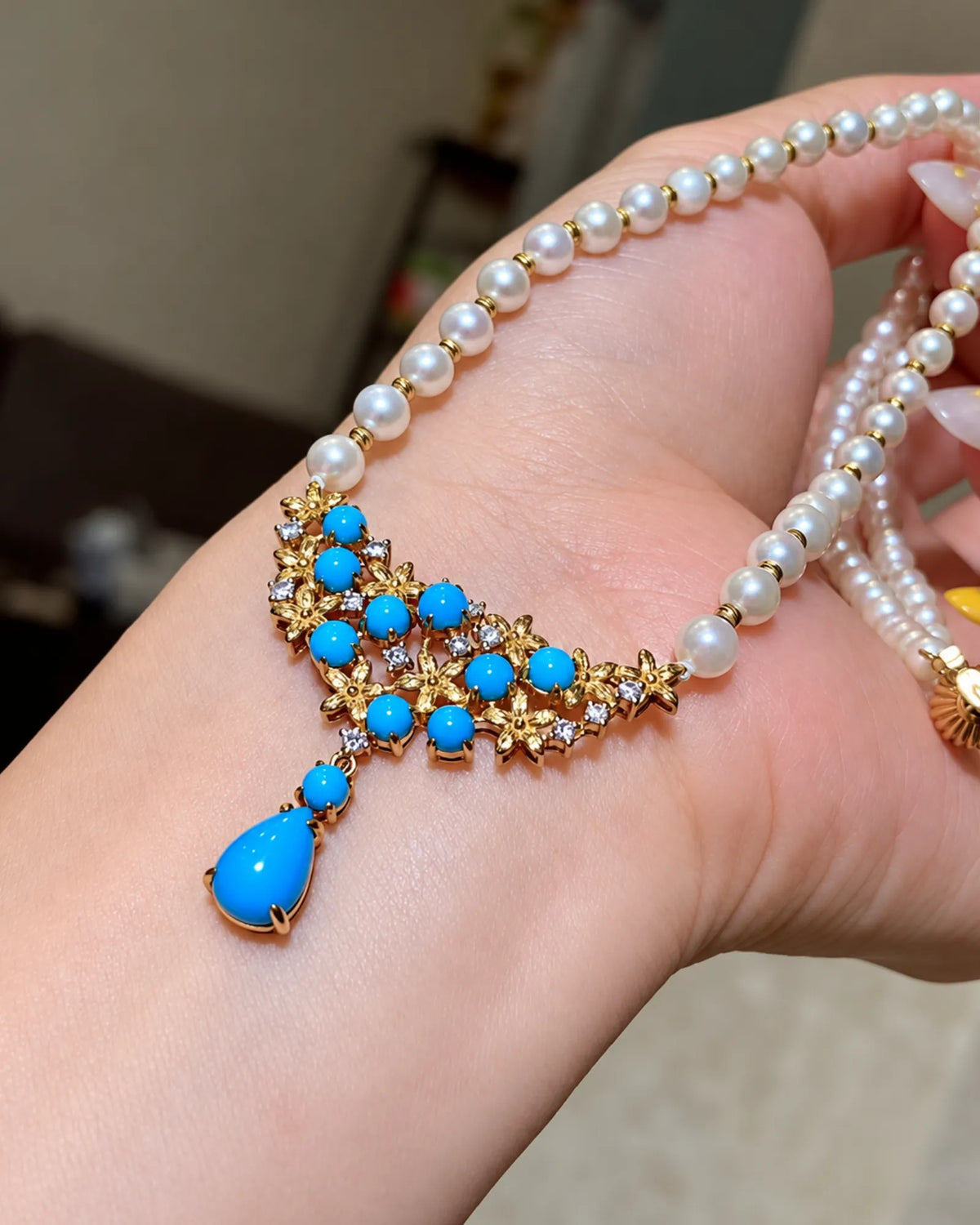 Sleeping Beauty blue pine pearl diamond necklace | SARATTI