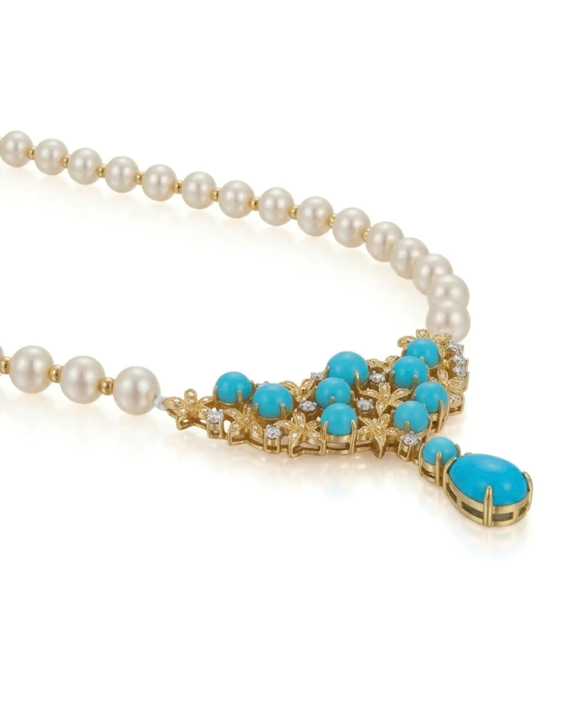Sleeping Beauty blue pine pearl necklace with diamond floral detailing in 18K yellow gold | SARATTI