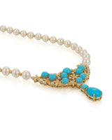 Sleeping Beauty blue pine pearl necklace with diamond floral detailing in 18K yellow gold | SARATTI