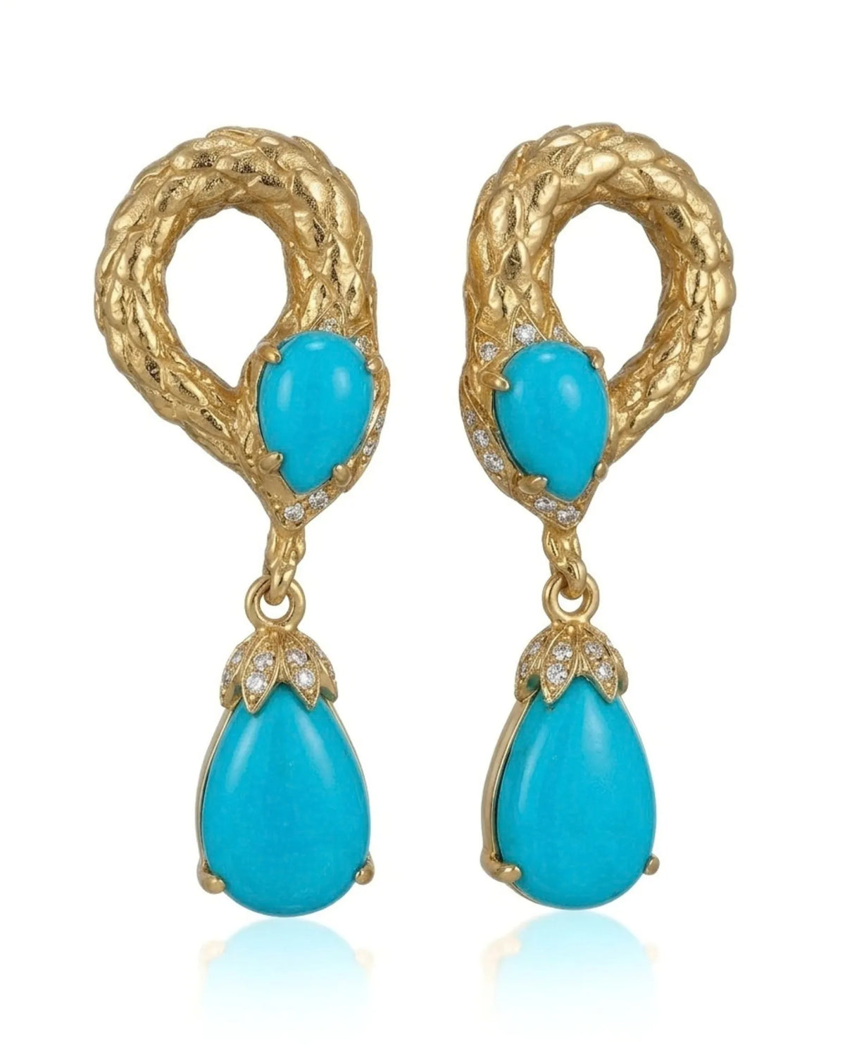Sleeping Beauty blue pine snake drop earrings with teardrop gemstones in 18K yellow gold | SARATTI