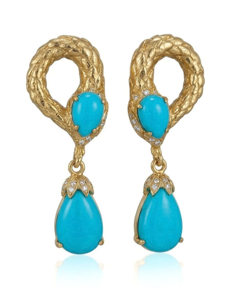 Sleeping Beauty blue pine snake drop earrings with teardrop gemstones in 18K yellow gold | SARATTI