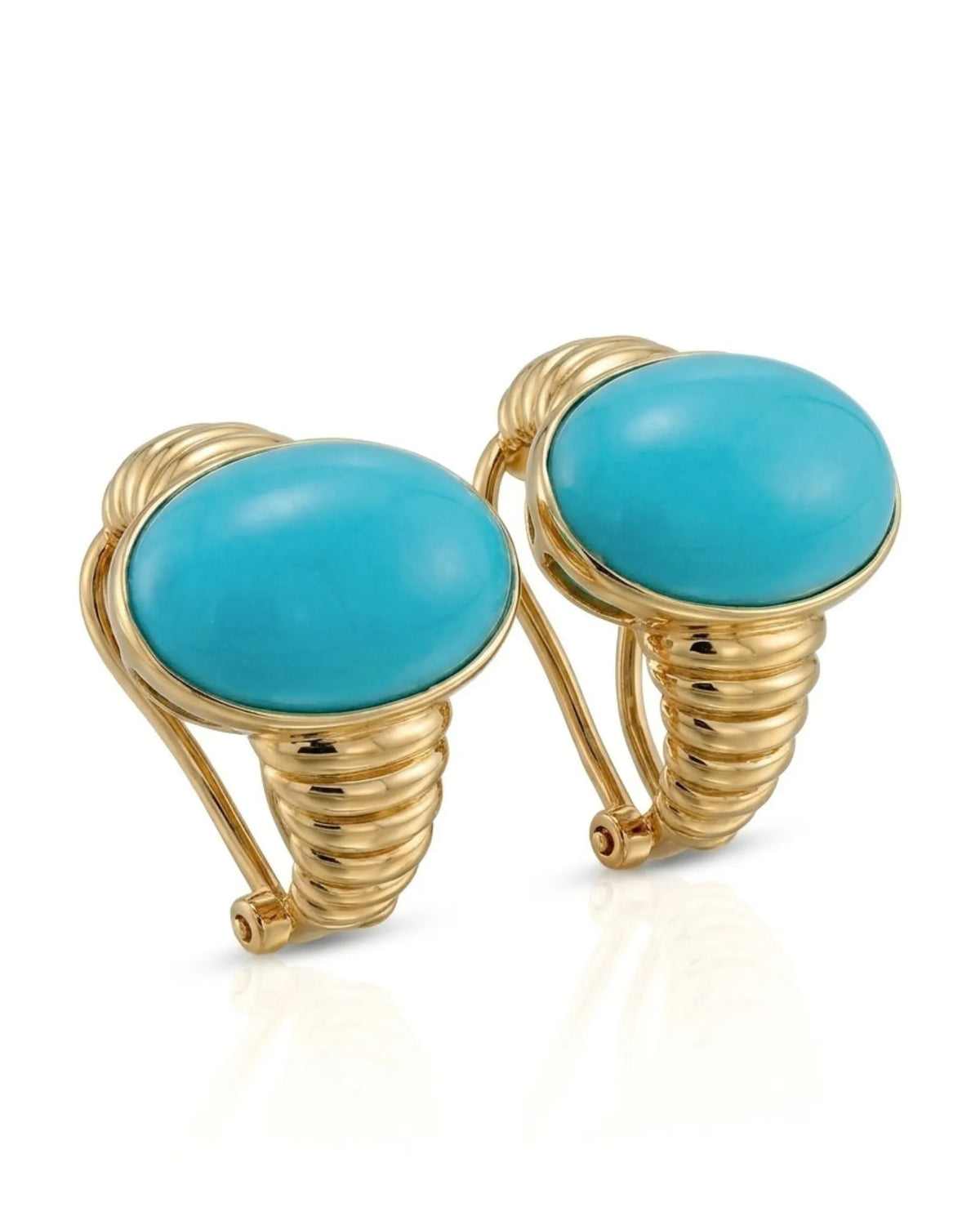 Sleeping Beauty turquoise oval cabochon earrings framed in polished 18K yellow gold | SARATTI