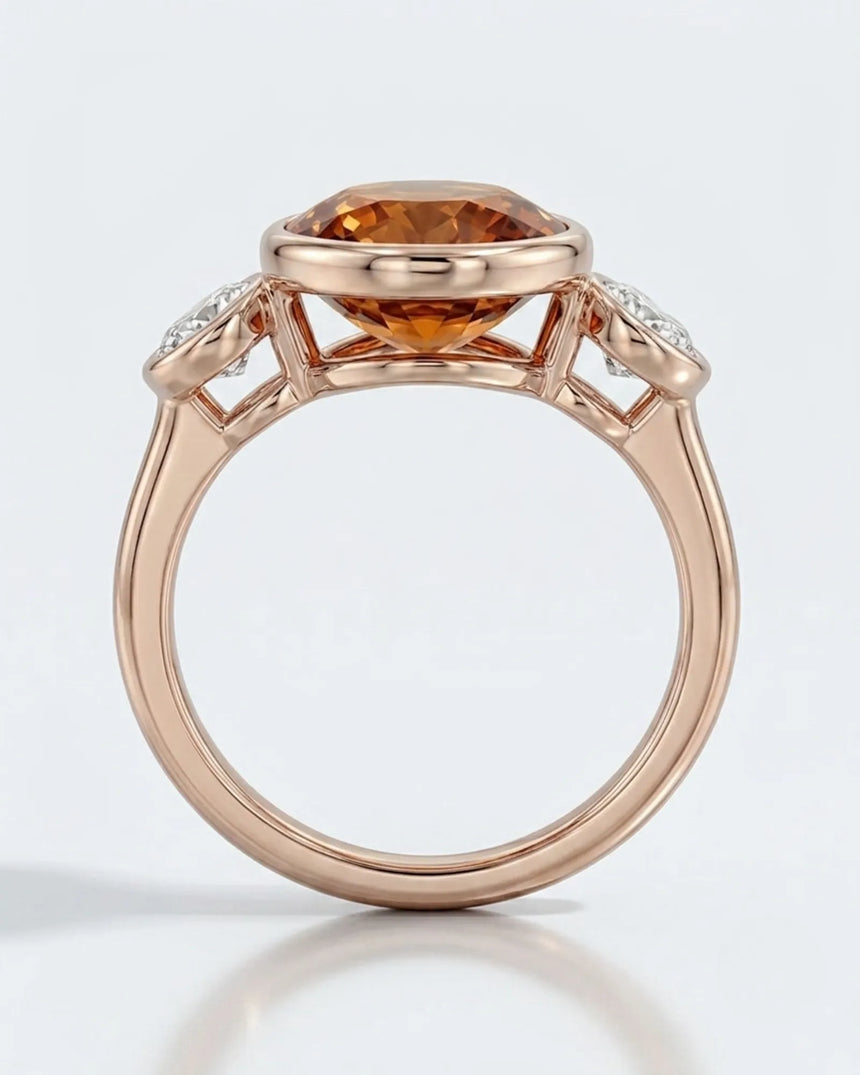 Smooth bezel setting frames the Imperial Topaz in a secure oval form in rose gold | SARATTI