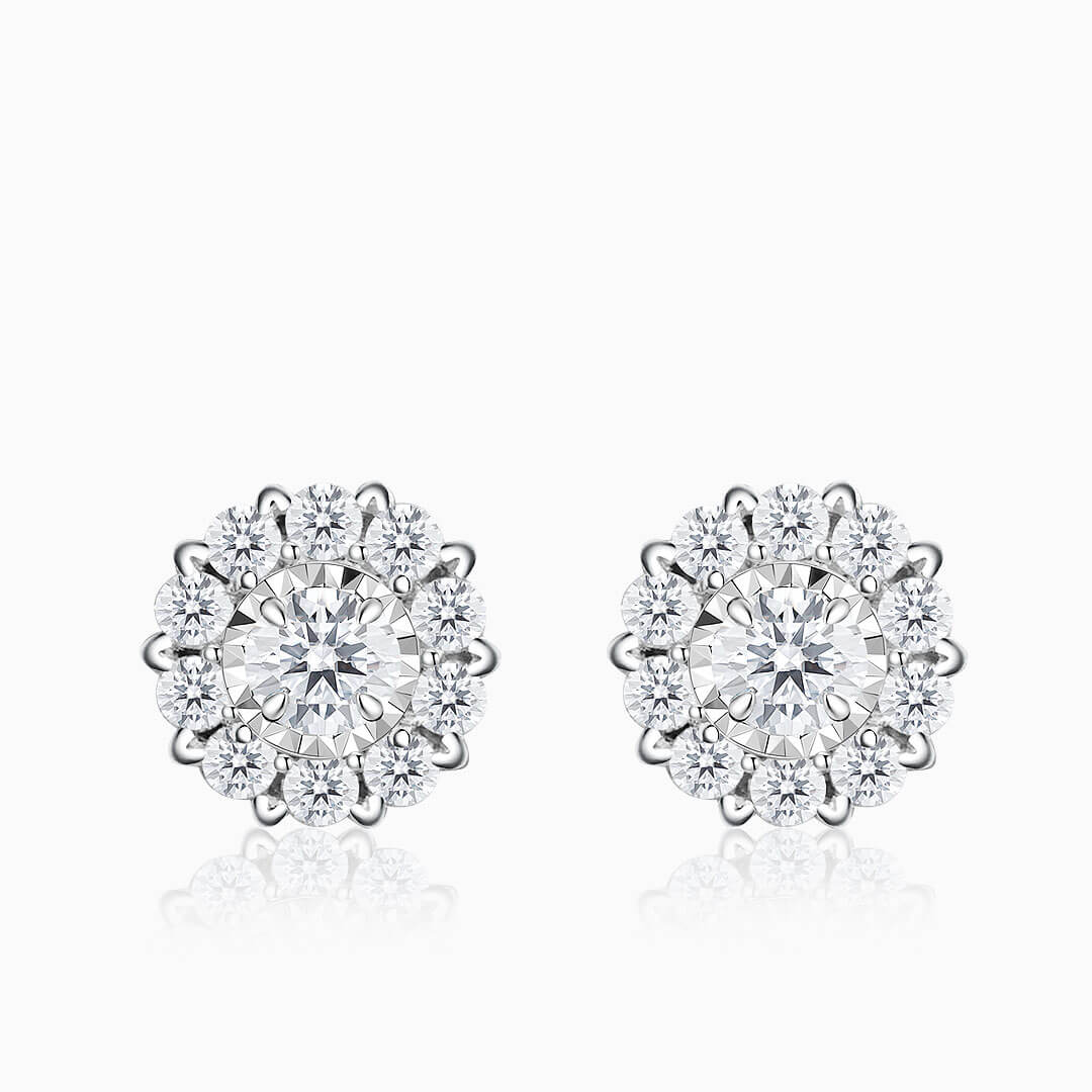 Snowflake Diamond Halo White Gold Earrings - Elevate Your Festivities with Christmas Jewelry: White Gold Earring Collection | Saratti