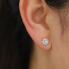 Snow Flake Inspired Natural Diamond Stud Earrings On Ear | Saratti | Custom Fine And High Jewelry