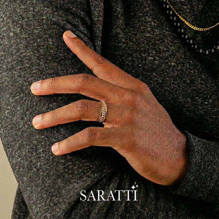 Solid rose gold cuban chain ring 6mm band | SARATTI