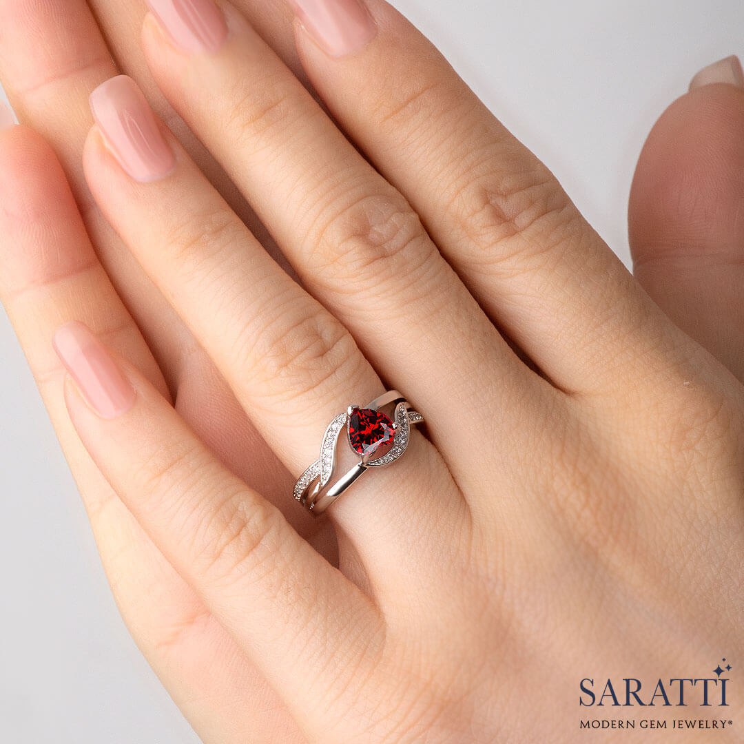 Model Wears the Amore Granato Gold  Gold Garnet Ring | Saratti Fine Jewelry 