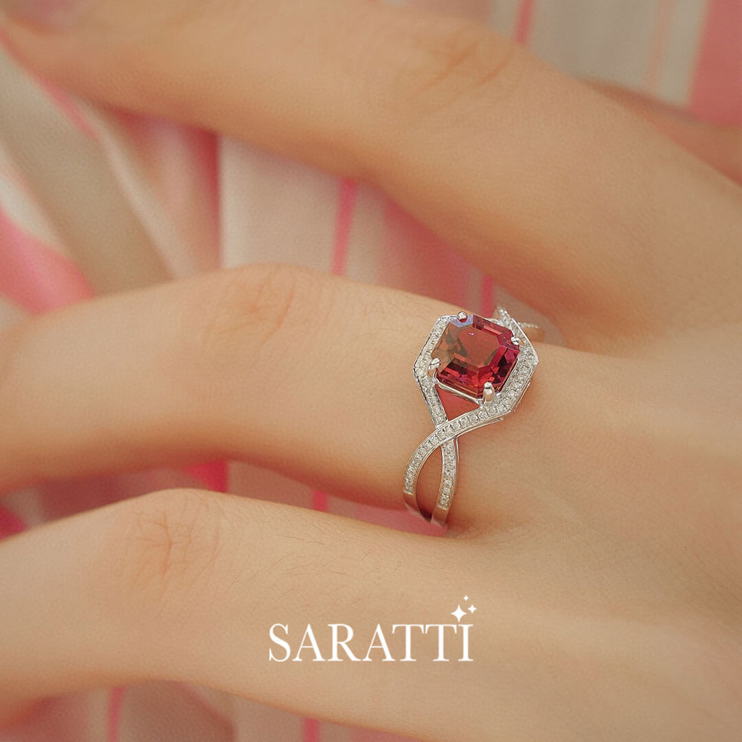 Model sports the Asscher Rose Vintage Pink Tourmaline Ring | Saratti Fine Jewelry 