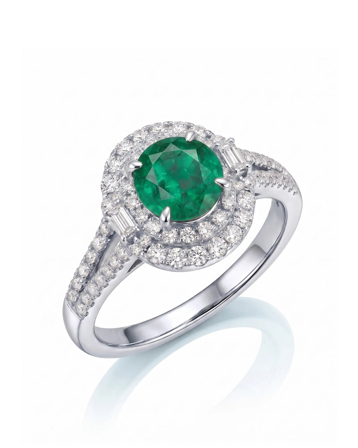 Split Arc Grace natural emerald and diamond ring in 18K white gold | SARATTI