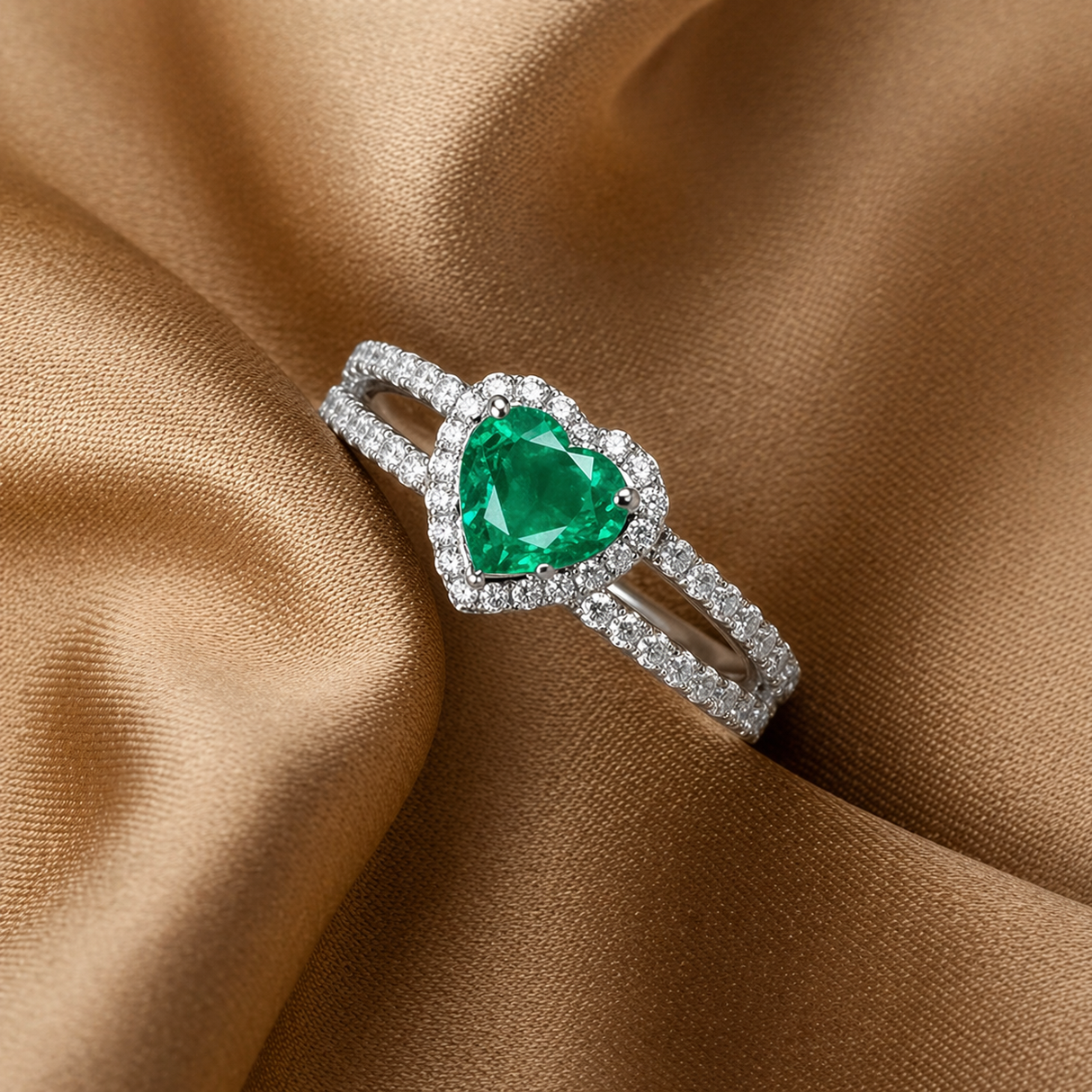 Split shank emerald ring with diamonds in 18K white gold model | SARATTI