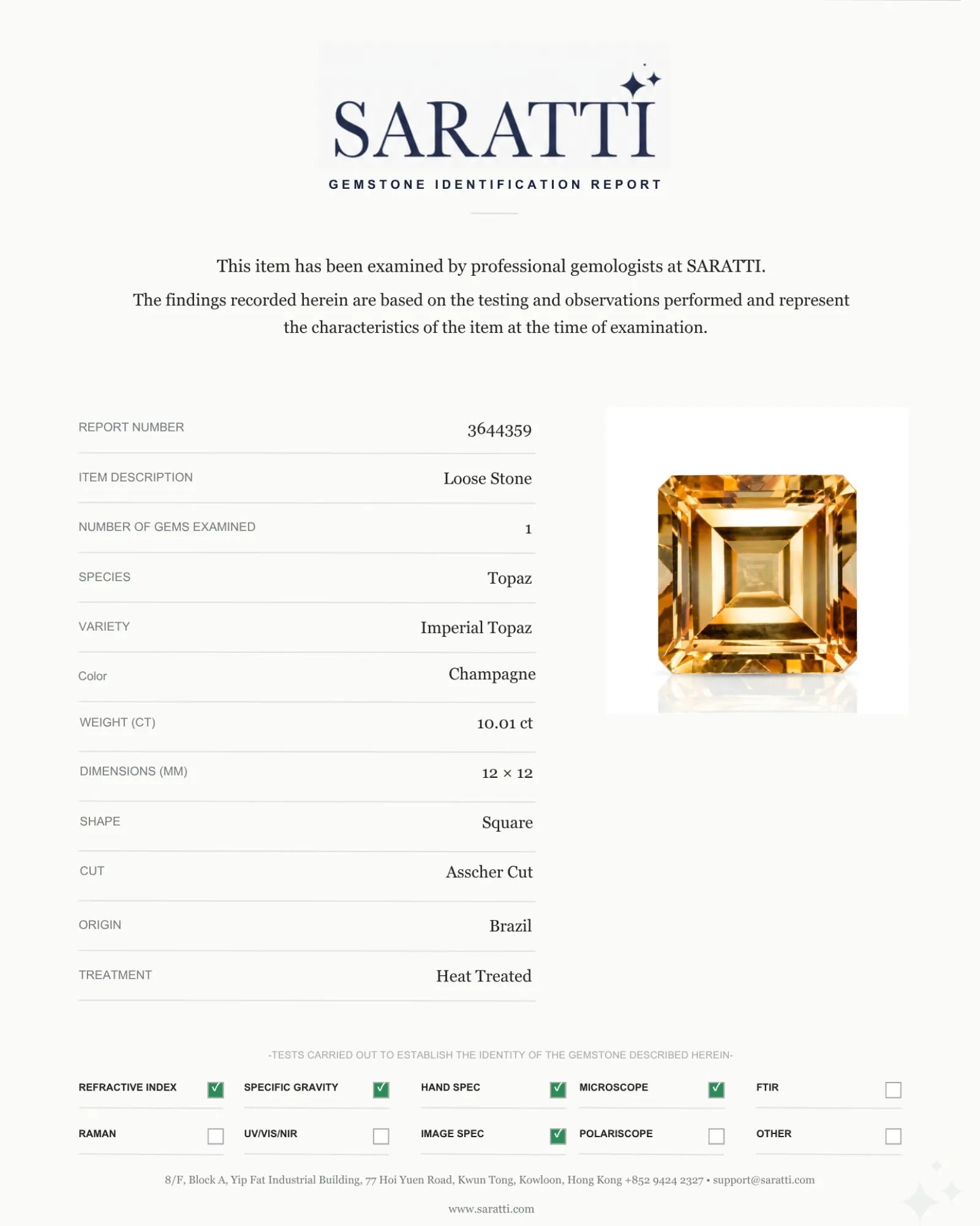 Square Natural Imperial Topaz loose stone angled view | SARATTI