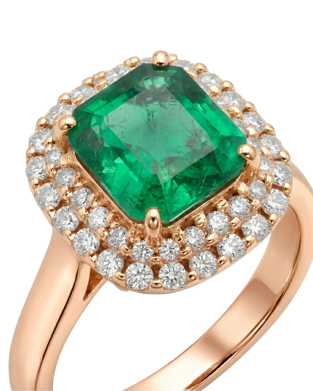 Square emerald cut natural emerald ring with diamond halo in 18K rose gold | SARATTI