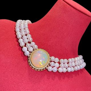 Aurora's Treasure - Triple Strand Akoya Pearl & Opal Statement Necklace