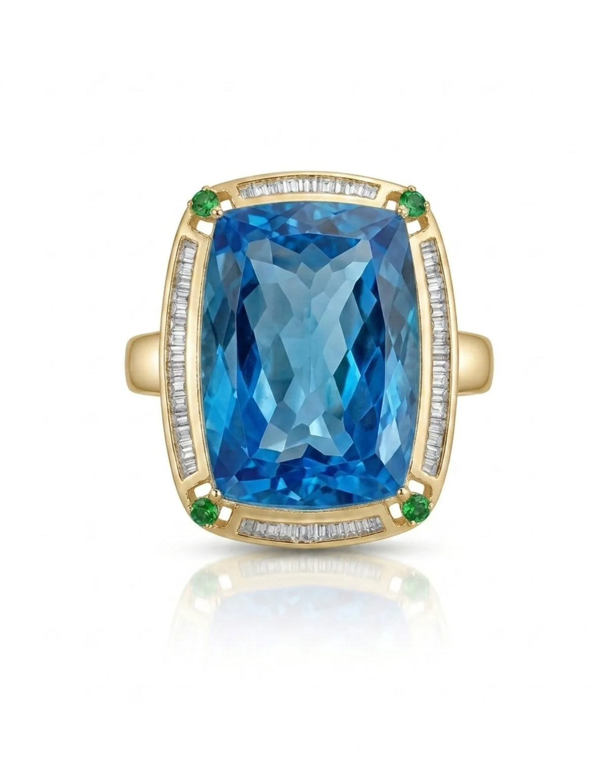 Statement blue topaz cocktail ring with green accents for milestone celebrations in 18K yellow gold | SARATTI