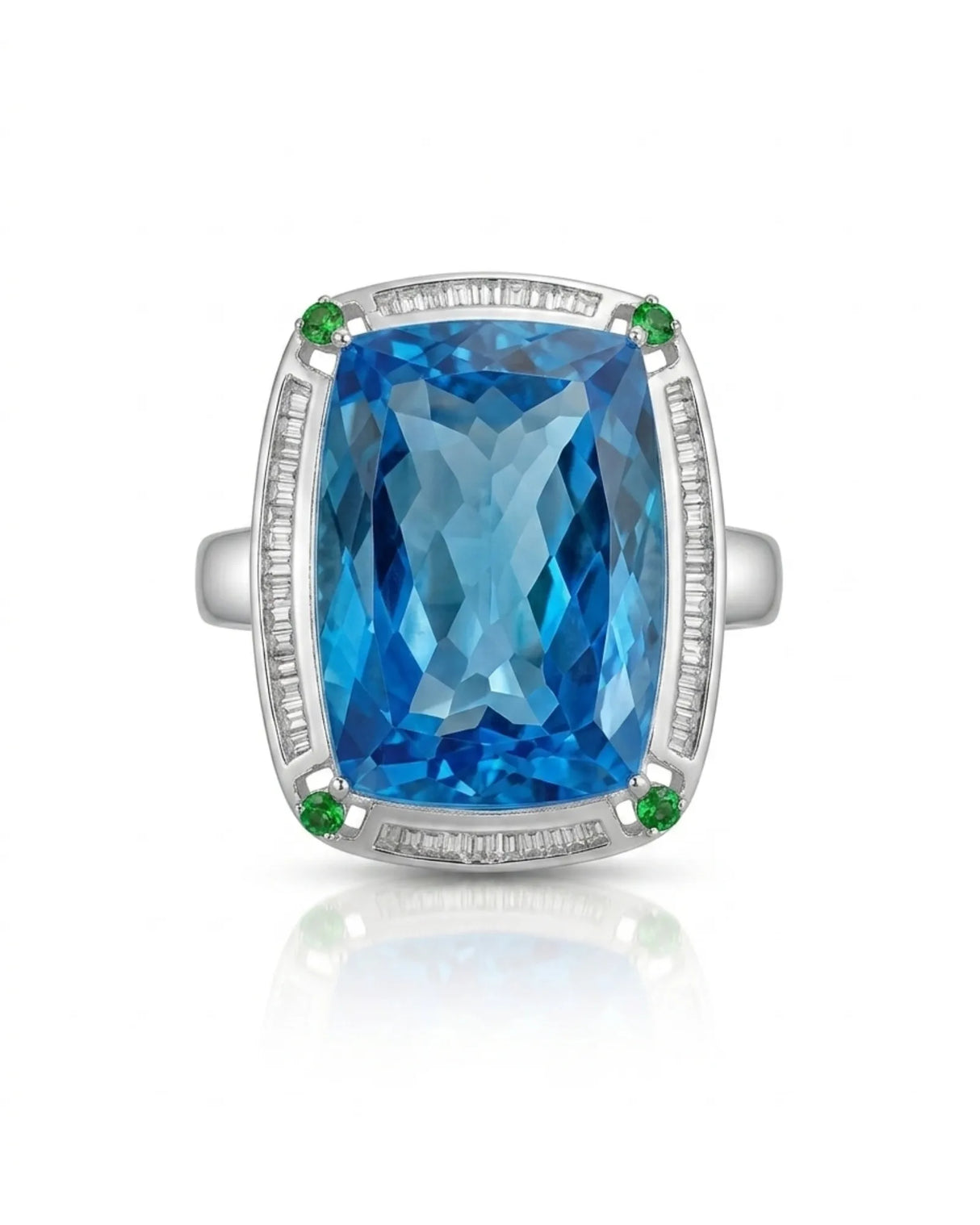 Statement blue topaz cocktail ring with green accents for milestone celebrations in platinum | SARATTI