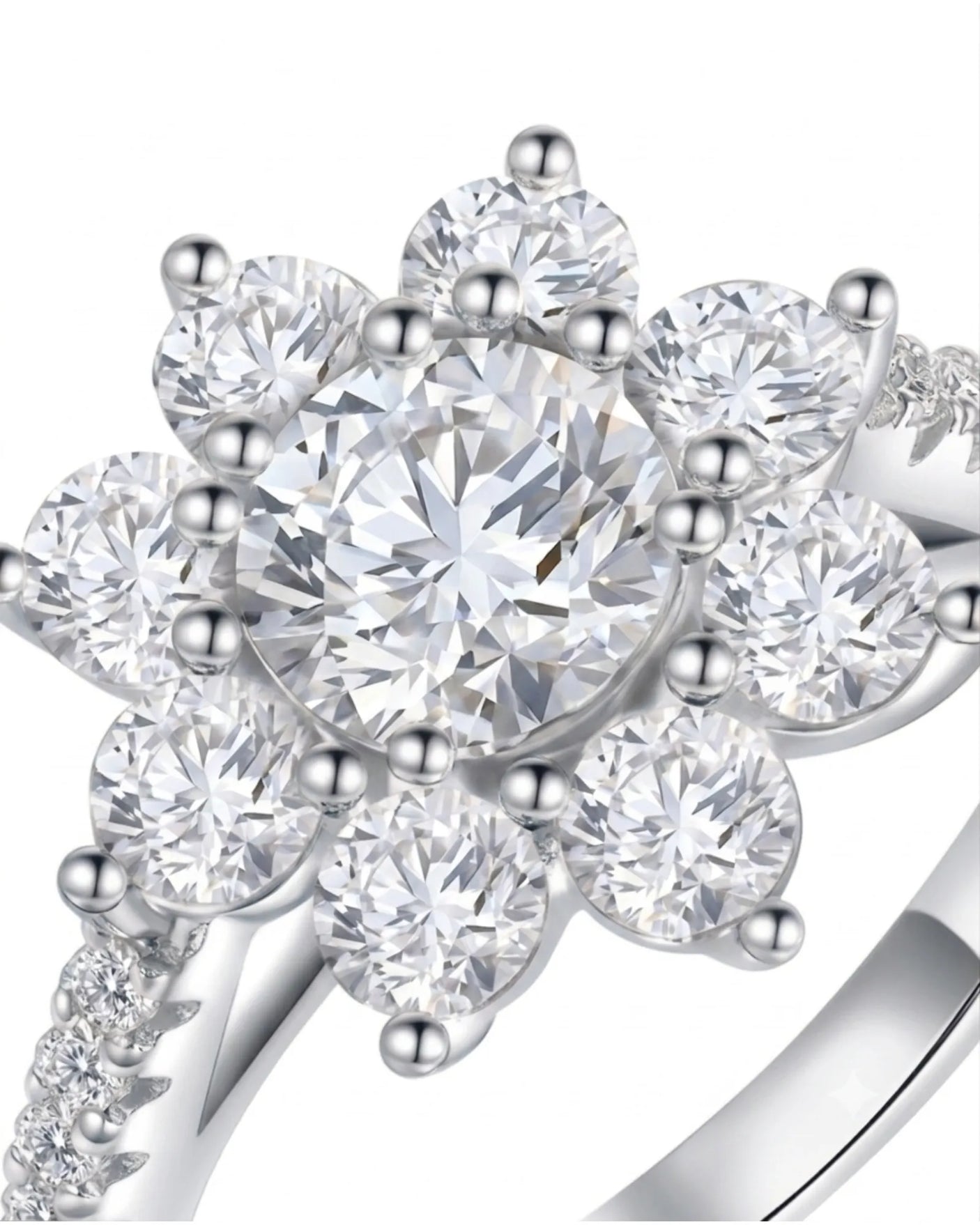 Statement floral moissanite engagement ring with pavé shoulders crafted in polished 18K white gold | SARATTI