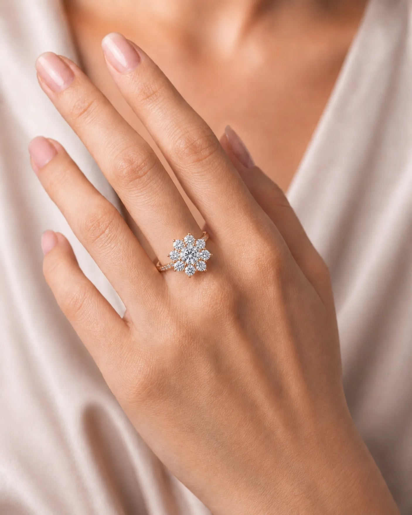 Statement floral moissanite engagement ring with pavé shoulders crafted in romantic 18K rose gold | SARATTI