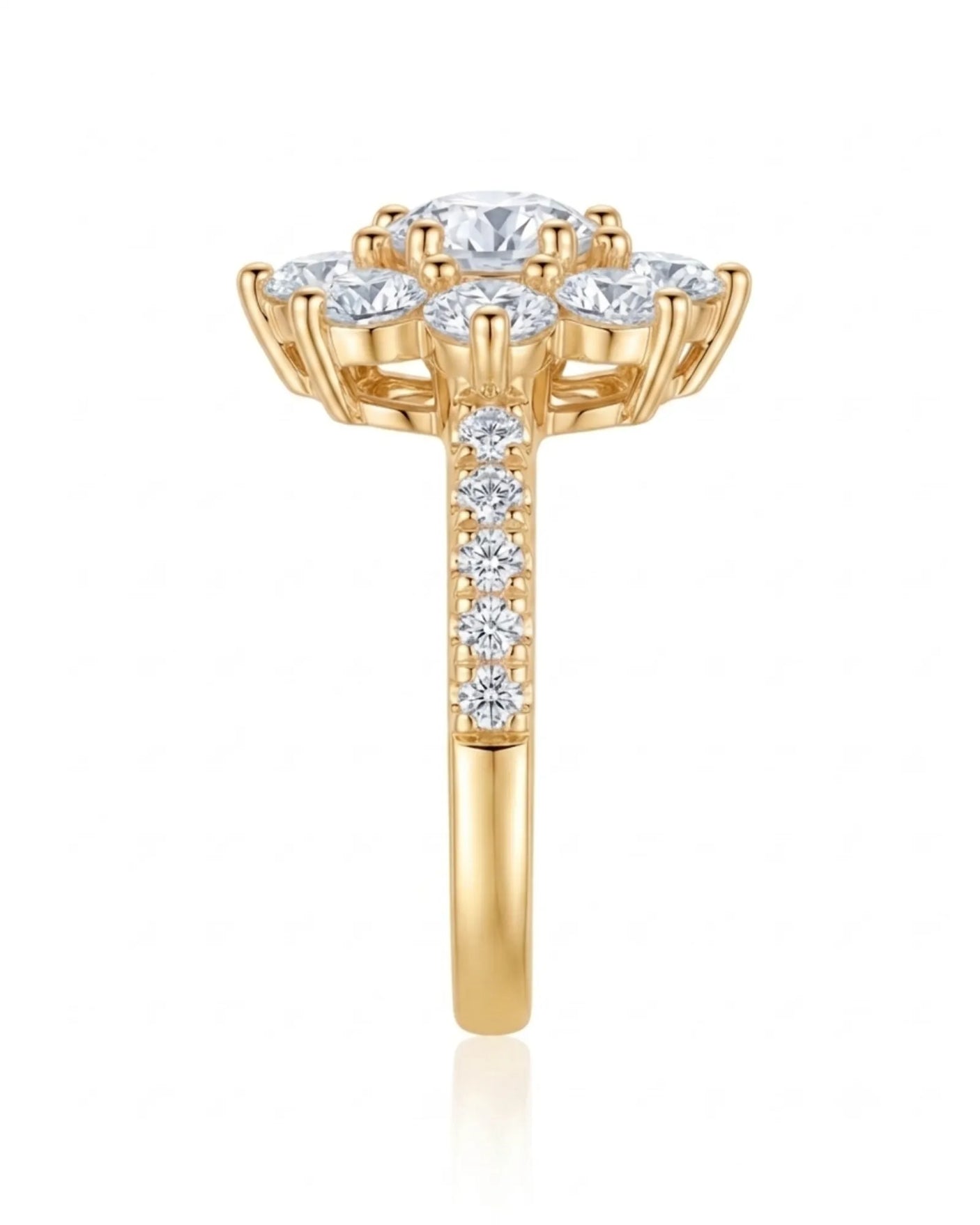 Statement floral moissanite engagement ring with pavé shoulders crafted in warm 18K yellow gold | SARATTI