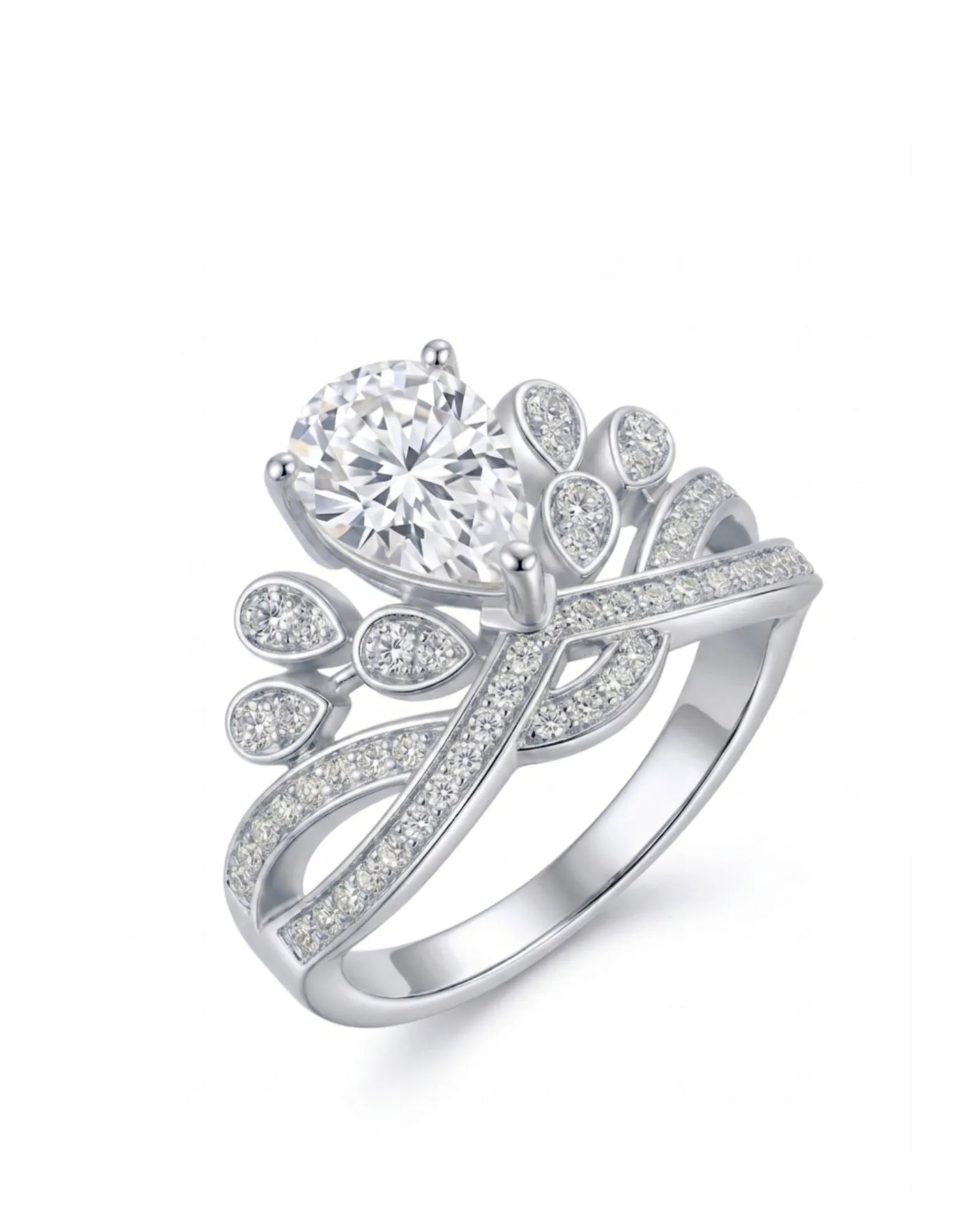 Statement pear moissanite proposal ring with ornate crown setting and pavé platinum band | SARATTI