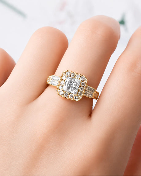 Structured princess moissanite ring with clipped-corner halo in polished yellow gold | SARATTI