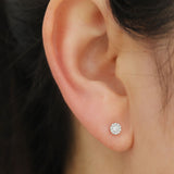 Petite Halo Diamond Earrings on Model's Ear | Saratti | Custom High and Fine Jewelry 