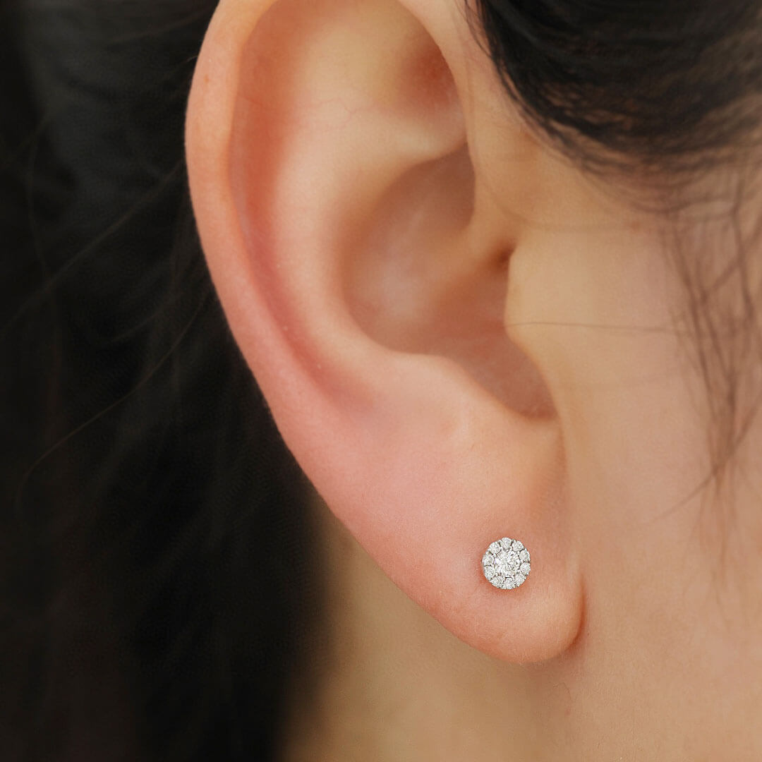 Petite Halo Diamond Earrings on Model's Ear | Saratti | Custom High and Fine Jewelry 