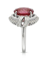 Sunburst halo tourmaline ring with round and baguette diamonds in platinum | SARATTI