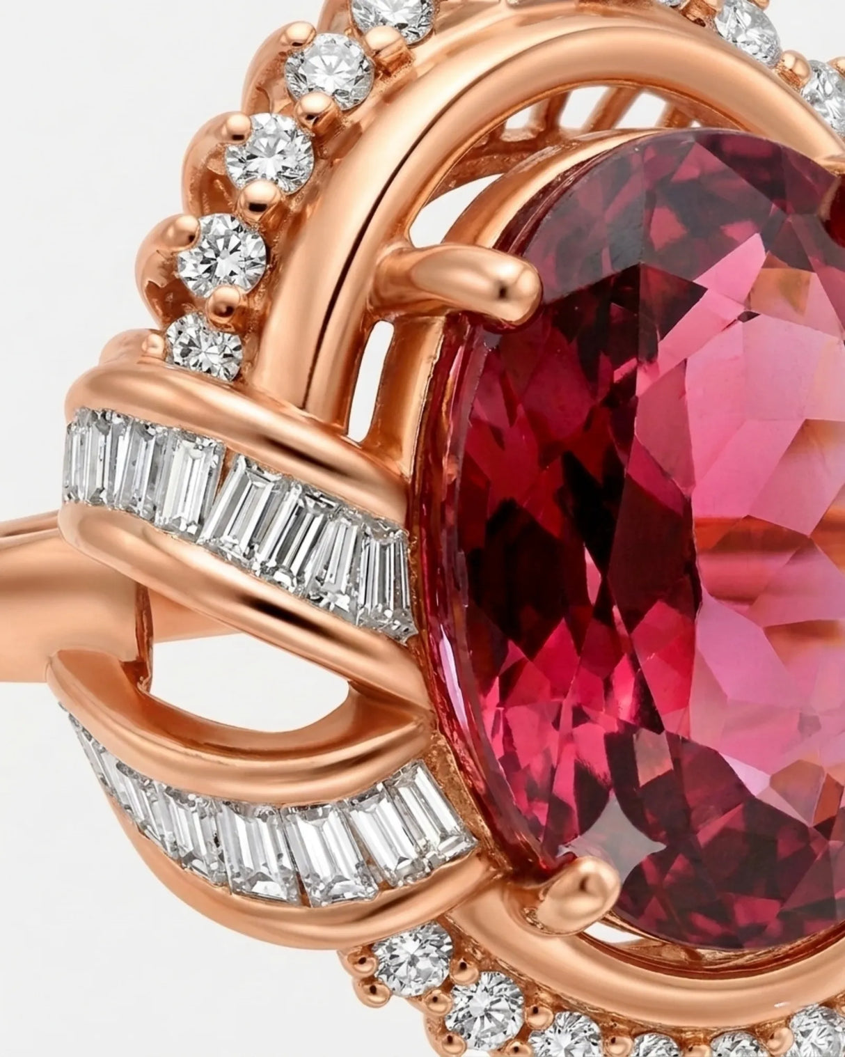 Sunburst halo tourmaline ring with round and baguette diamonds in rose gold | SARATTI