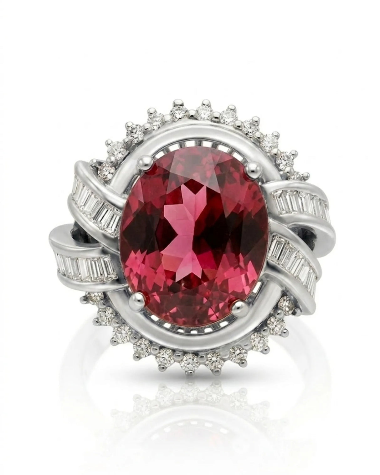 Sunburst halo tourmaline ring with round and baguette diamonds in white gold | SARATTI