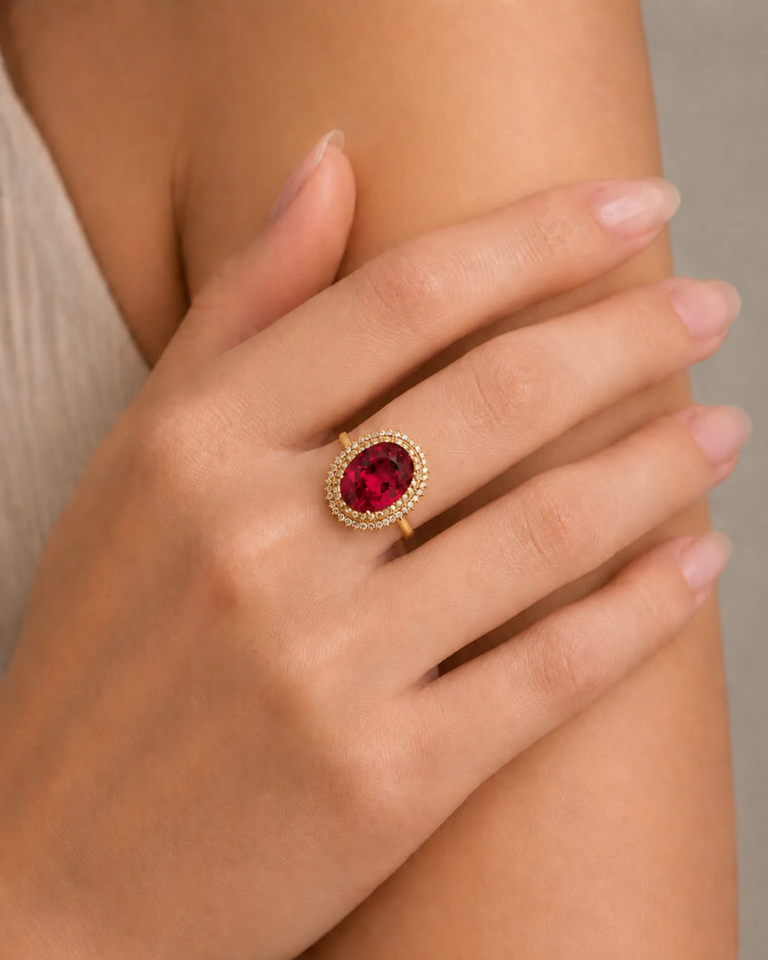 Sunburst halo tourmaline ring with round diamonds and polished 18K yellow gold setting | SARATTI