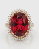 Sunburst halo tourmaline ring with round diamonds and romantic 18K rose gold setting | SARATTI
