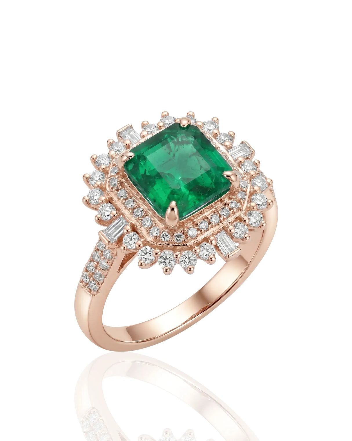 Sunburst natural emerald and diamond ring in 18K rose gold | SARATTI