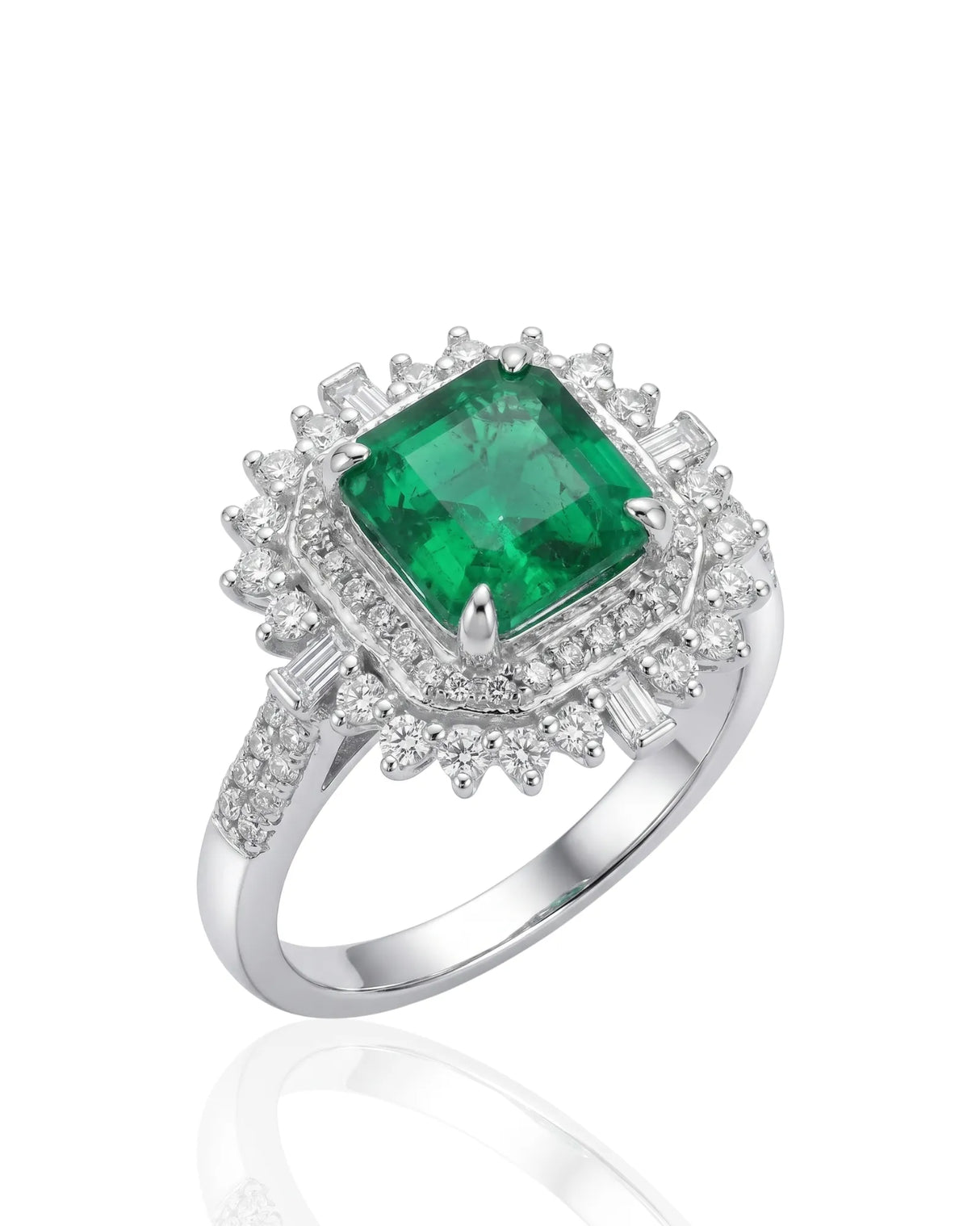 Sunburst natural emerald and diamond ring in 18K white gold | SARATTI