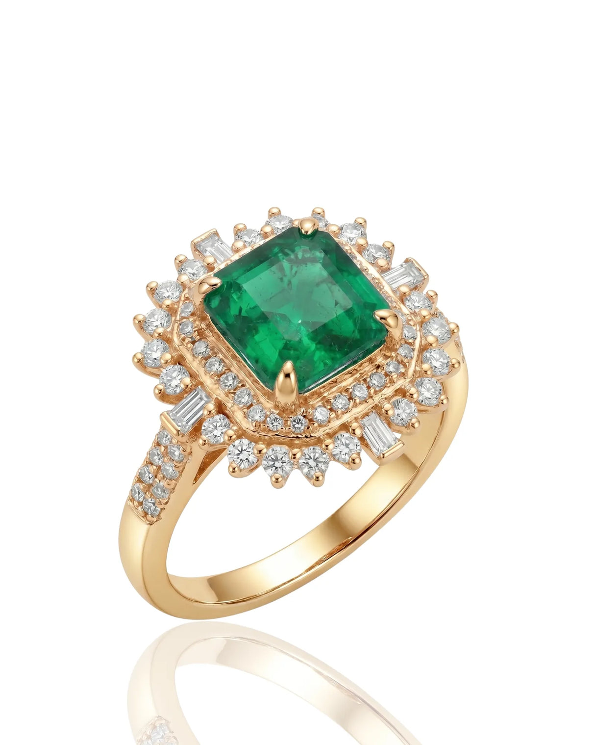 Sunburst natural emerald and diamond ring in 18K yellow gold | SARATTI