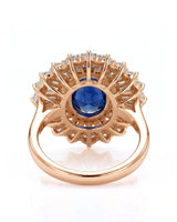 Sunburst sapphire ring with tapered baguette and round diamonds in 18K rose gold | SARATTI