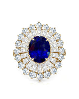 Sunburst sapphire ring with tapered baguette and round diamonds in 18K yellow gold | SARATTI