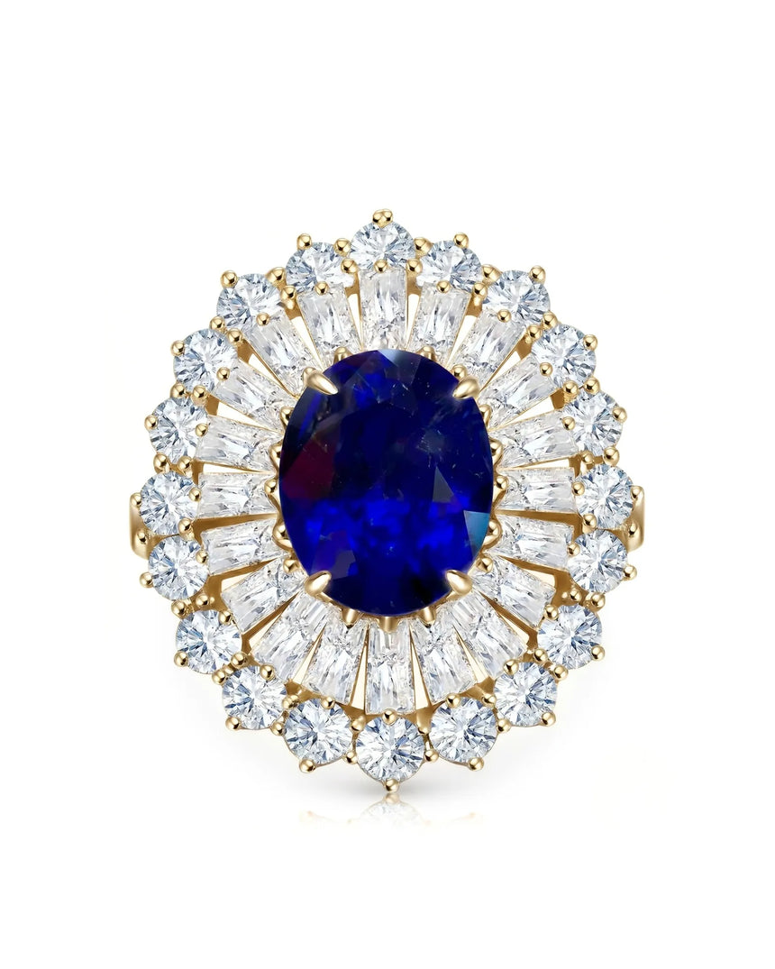 Sunburst sapphire ring with tapered baguette and round diamonds in 18K yellow gold | SARATTI