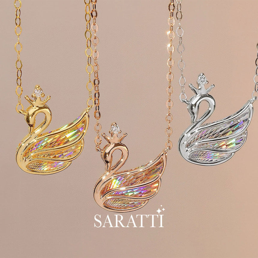 All three Yellow Golden Swan Diamond Drop Necklace in 18K Gold | Saratti