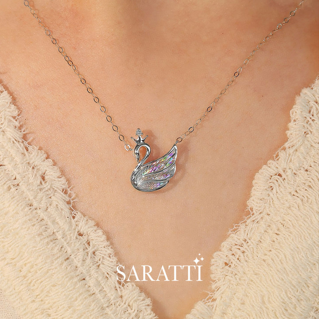 Model wears the White Yellow Golden Swan Diamond Drop Necklace  | Saratti