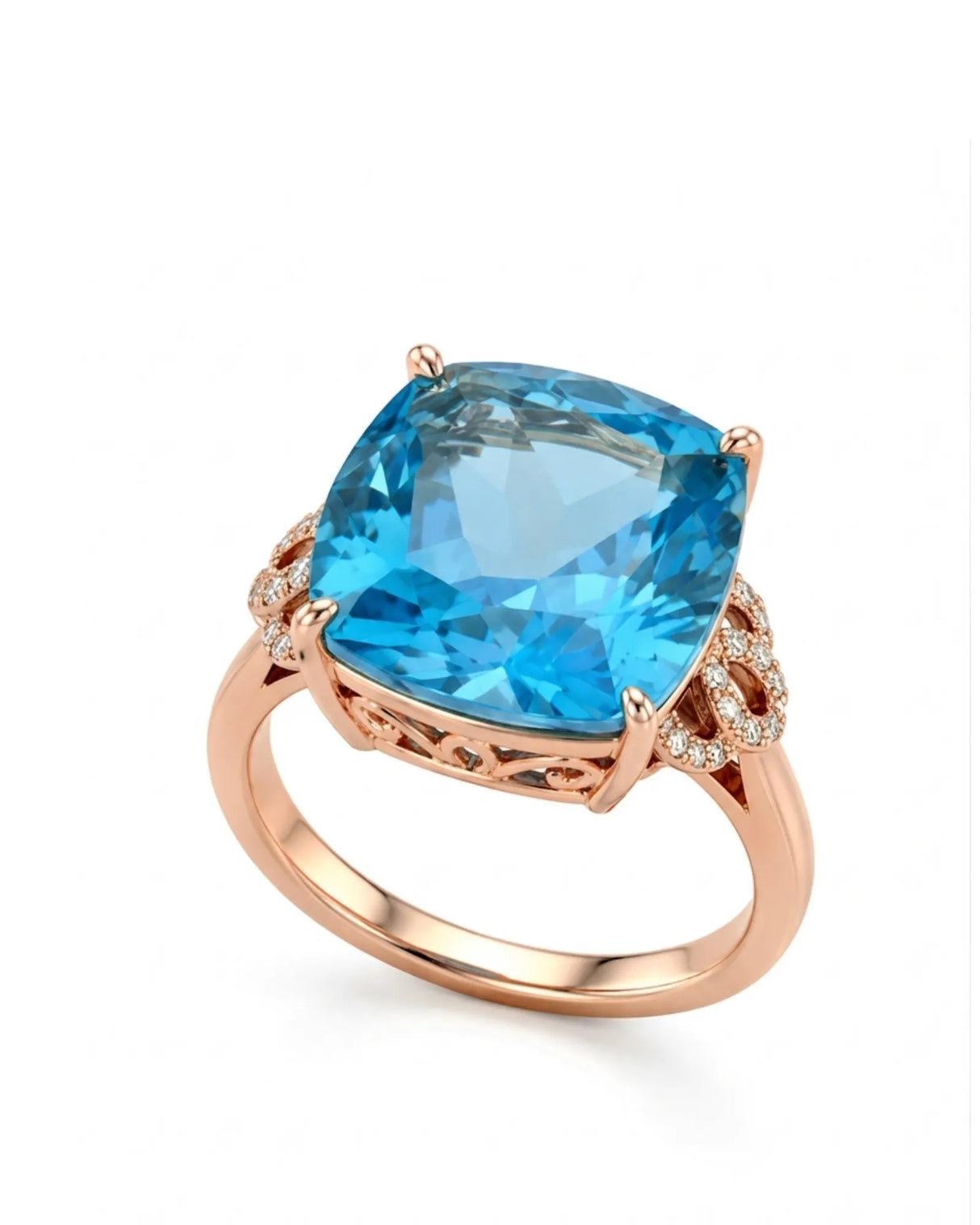 Swiss Blue cushion topaz and diamond statement ring with openwork shoulders in 18K rose gold | SARATTI